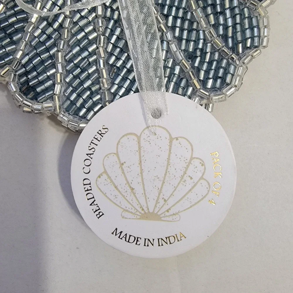 NEW! Beaded Blue Sea Shell Coasters Set of 4‎ Satin Back Made In India